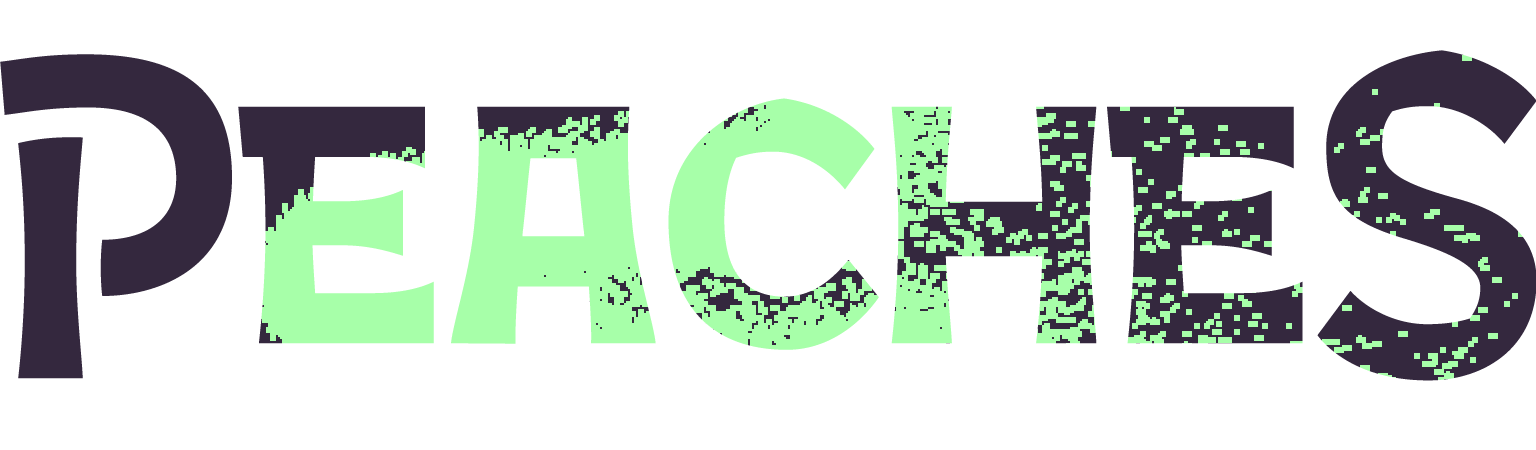 A recoloured version of the Peaches logo, this time in pixelated blobs of black and bright green